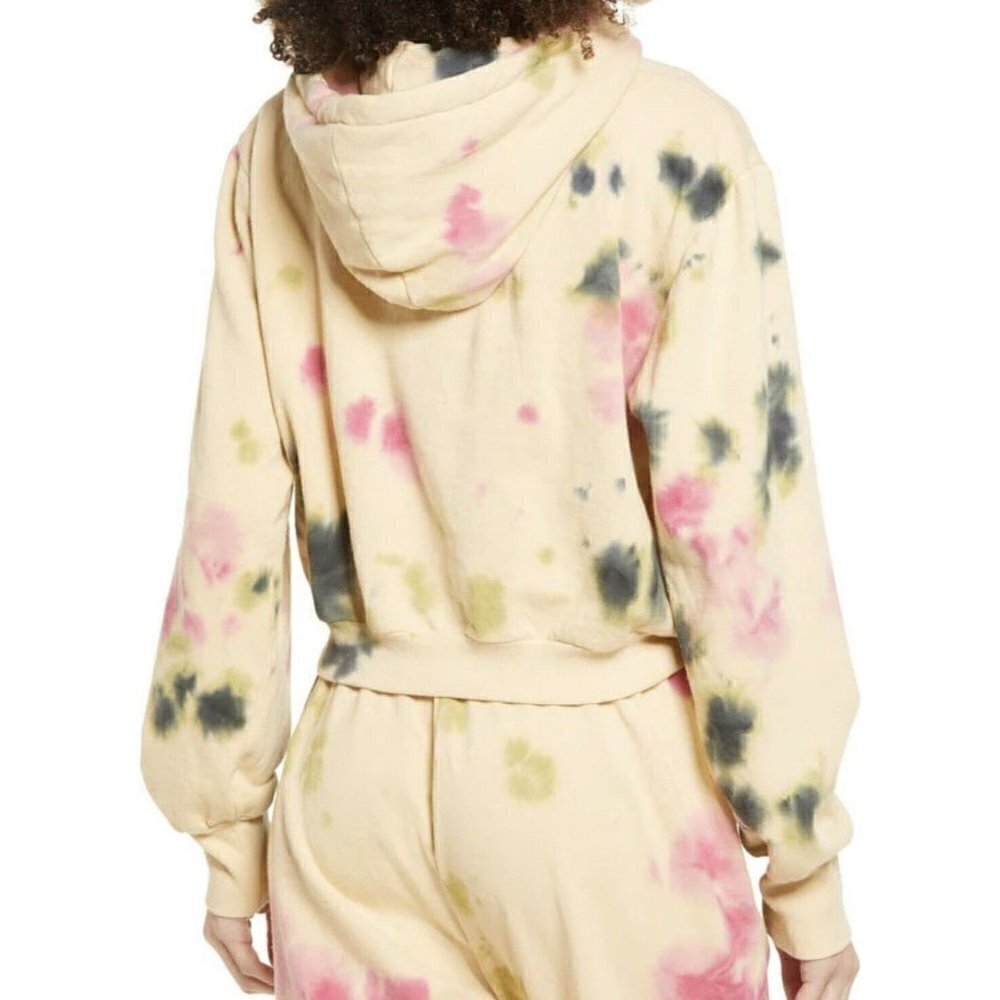 NWT AFRM Cropped Hoodie Sweatshirt SMALL Beige Tan Pink Tie Dye Drawstring - Picture 4 of 11